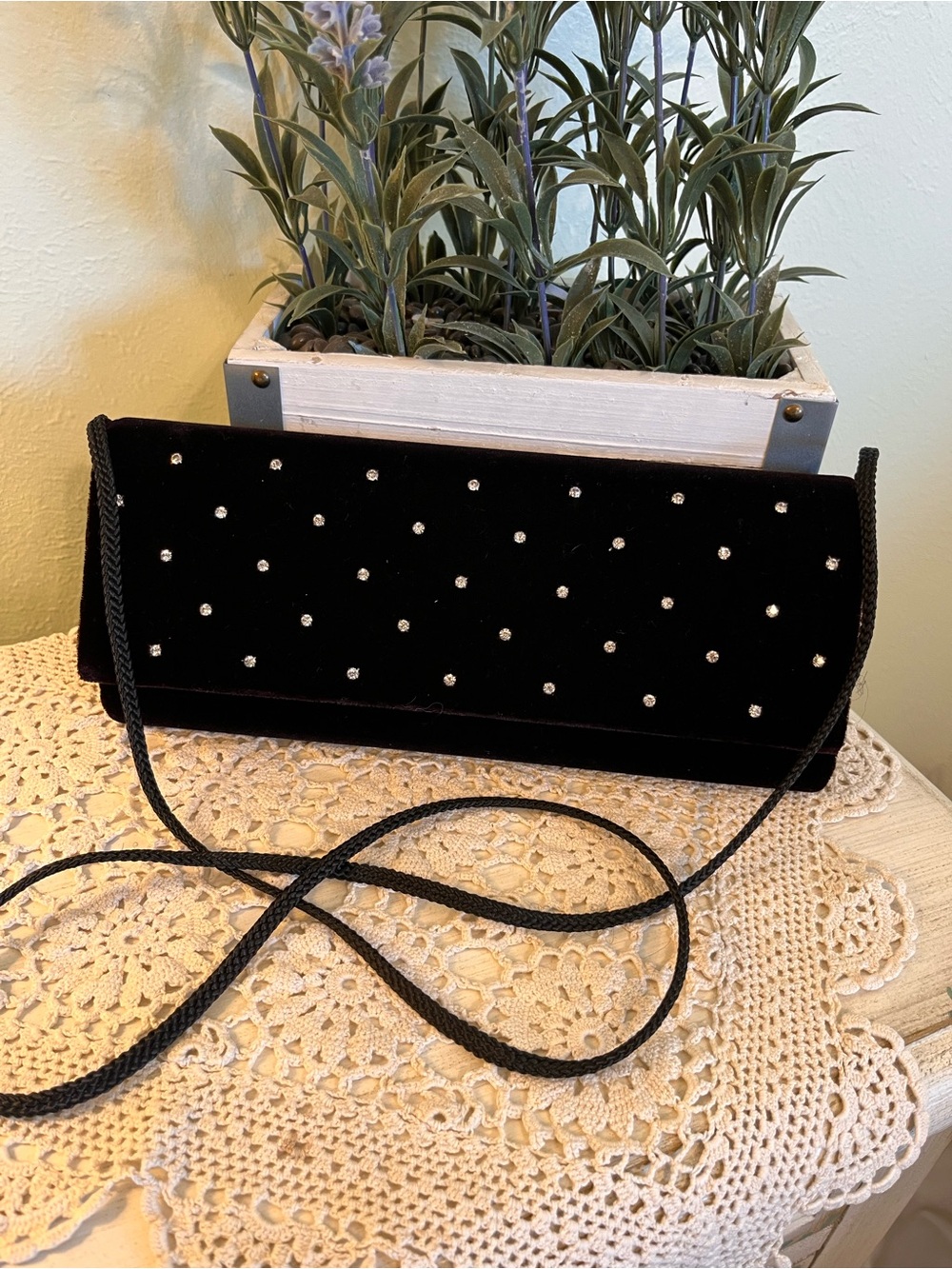 Black Velvet Rhinestone Evening Clutch - Unbranded